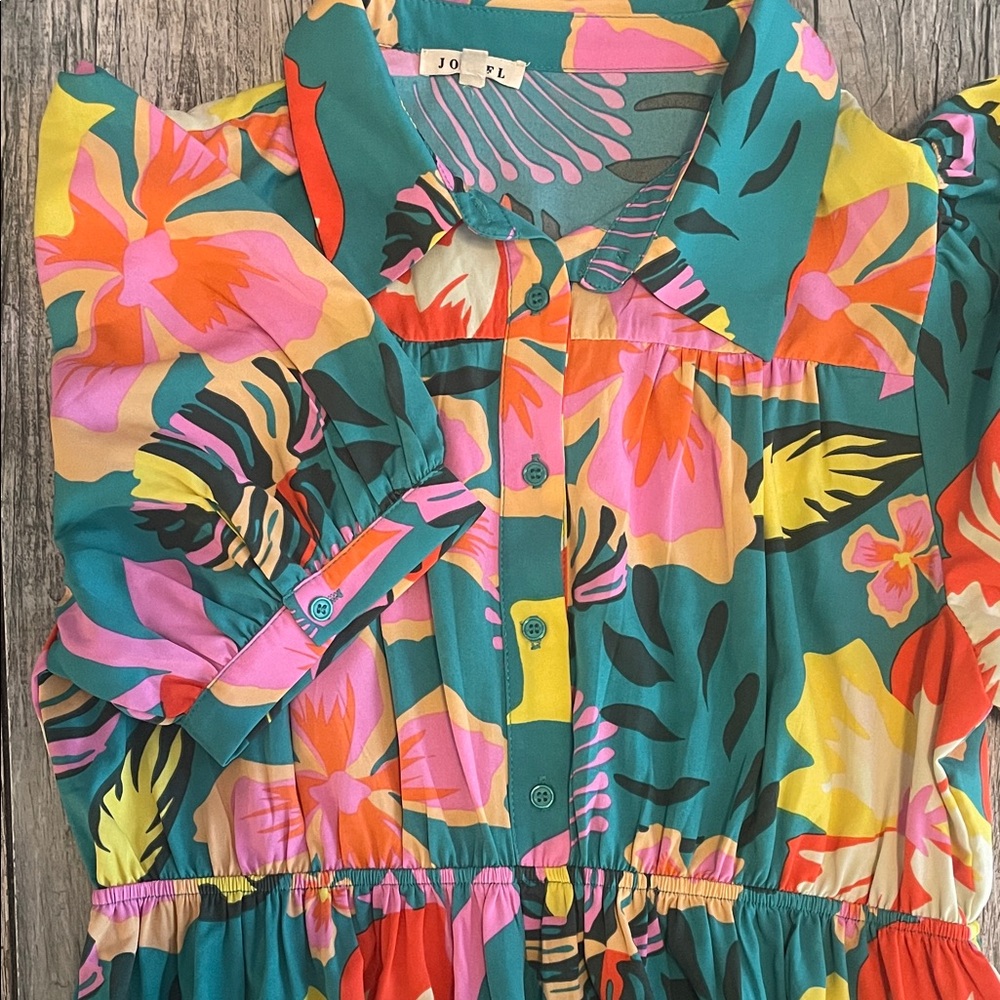 JODIFL Teal Tropical Floral Midi Dress with Pink & Yellow Accents - Picture 4 of 4